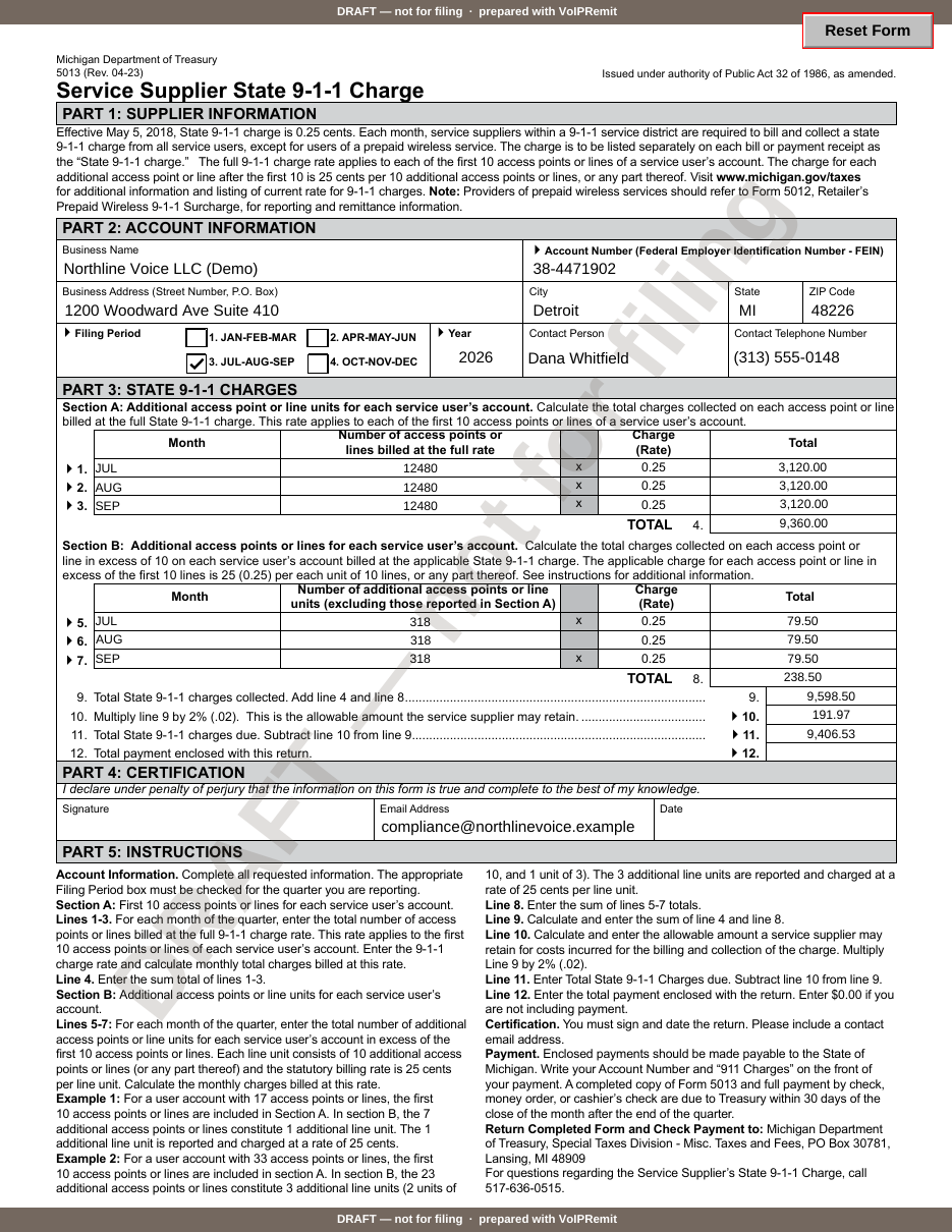 Michigan Form 5013 filled by the product on fixture data for a fictional provider, with the DRAFT watermark across it and the signature block left blank.